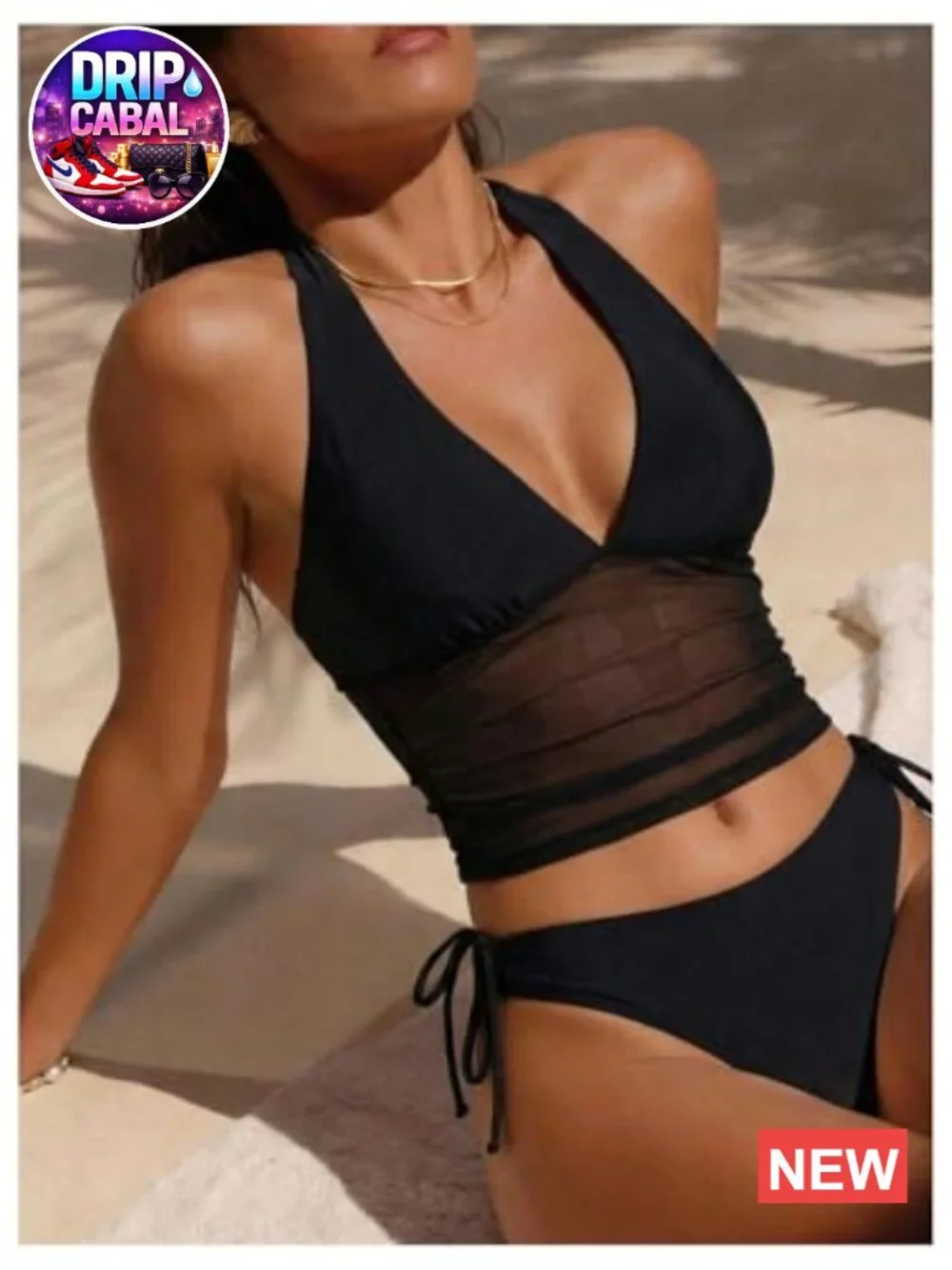 Women's Halter Tankini Two Piece V Neck Sheer Mesh Drawstring Swimsuits